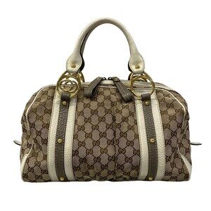 Gucci GG Handbag 223953 Dark Brown Beige Cream Jacquard Leather
